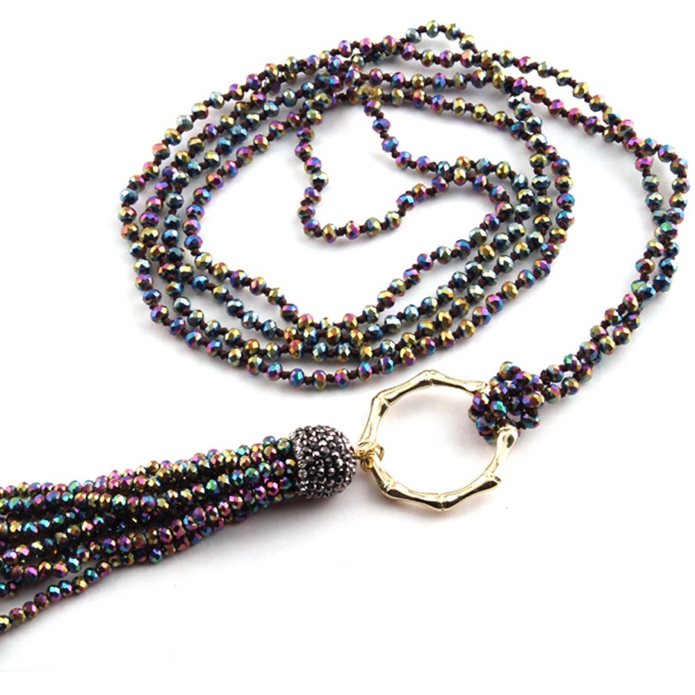 Necklace Glass Beads w/ Gold Ring & Seed Glass Bead Tassel 150 cm LONG NEW
